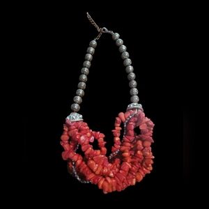 Silver-tone Coral Colored Stone Necklace